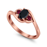 Three Stone Engagement Ring Oval Cut Round Simulated Ruby Cubic Zirconia 925 Sterling Silver