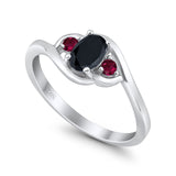 Three Stone Engagement Ring Oval Cut Round Simulated Ruby Cubic Zirconia 925 Sterling Silver