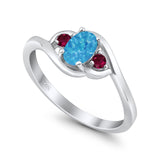 Three Stone Engagement Ring Oval Cut Round Simulated Ruby Cubic Zirconia 925 Sterling Silver