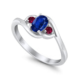 Three Stone Engagement Ring Oval Cut Round Simulated Ruby Cubic Zirconia 925 Sterling Silver