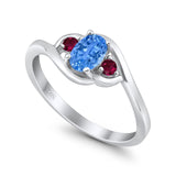 Three Stone Engagement Ring Oval Cut Round Simulated Ruby Cubic Zirconia 925 Sterling Silver