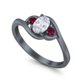 Three Stone Engagement Ring Oval Cut Round Simulated Ruby Cubic Zirconia 925 Sterling Silver