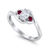 Three Stone Engagement Ring Oval Cut Round Simulated Ruby Cubic Zirconia 925 Sterling Silver