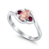 Three Stone Engagement Ring Oval Cut Round Simulated Ruby Cubic Zirconia 925 Sterling Silver