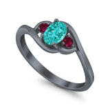 Three Stone Engagement Ring Oval Cut Round Simulated Ruby Cubic Zirconia 925 Sterling Silver