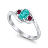 Three Stone Engagement Ring Oval Cut Round Simulated Ruby Cubic Zirconia 925 Sterling Silver