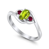 Three Stone Engagement Ring Oval Cut Round Simulated Ruby Cubic Zirconia 925 Sterling Silver