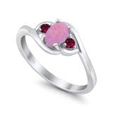 Three Stone Engagement Ring Oval Cut Round Simulated Ruby Cubic Zirconia 925 Sterling Silver