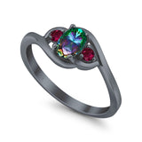 Three Stone Engagement Ring Oval Cut Round Simulated Ruby Cubic Zirconia 925 Sterling Silver