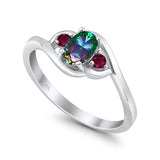 Three Stone Engagement Ring Oval Cut Round Simulated Ruby Cubic Zirconia 925 Sterling Silver