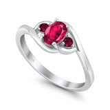 Three Stone Engagement Ring Oval Cut Round Simulated Ruby Cubic Zirconia 925 Sterling Silver