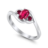 Three Stone Engagement Ring Oval Cut Round Simulated Ruby Cubic Zirconia 925 Sterling Silver