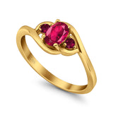 Three Stone Engagement Ring Oval Cut Round Simulated Ruby Cubic Zirconia 925 Sterling Silver