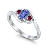 Three Stone Engagement Ring Oval Cut Round Simulated Ruby Cubic Zirconia 925 Sterling Silver