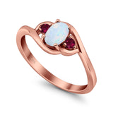 Three Stone Engagement Ring Oval Cut Round Simulated Ruby Cubic Zirconia 925 Sterling Silver