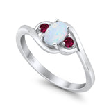 Three Stone Engagement Ring Oval Cut Round Simulated Ruby Cubic Zirconia 925 Sterling Silver
