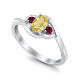 Three Stone Engagement Ring Oval Cut Round Simulated Ruby Cubic Zirconia 925 Sterling Silver