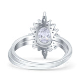 Two Piece Vintage Style Art Deco Wedding Bridal Set Ring Band Oval Simulated Cubic Zirconia 925 Sterling Silver