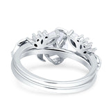 Art Deco Teardrop Pear Leaf Design Wedding Two Piece Ring Simulated Cubic Zirconia Stones 925 Sterling Silver