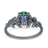 Leaf Oval Vintage Engagement Ring Black tone Rainbow Stone