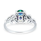 Leaf Oval Vintage Engagement Ring Silver tone Rainbow Stone