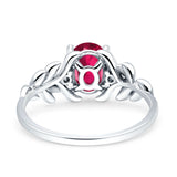 Leaf Oval Vintage Engagement Ring Silver tone Ruby Stone
