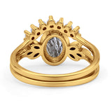 Vintage Oval Natural Rutilated Quartz Art Deco Bridal Set Engagement Ring