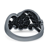 Sunflower Oxidized Sunshine Flower And Leaves Band Solid 925 Sterling Silver Thumb Ring (13mm)