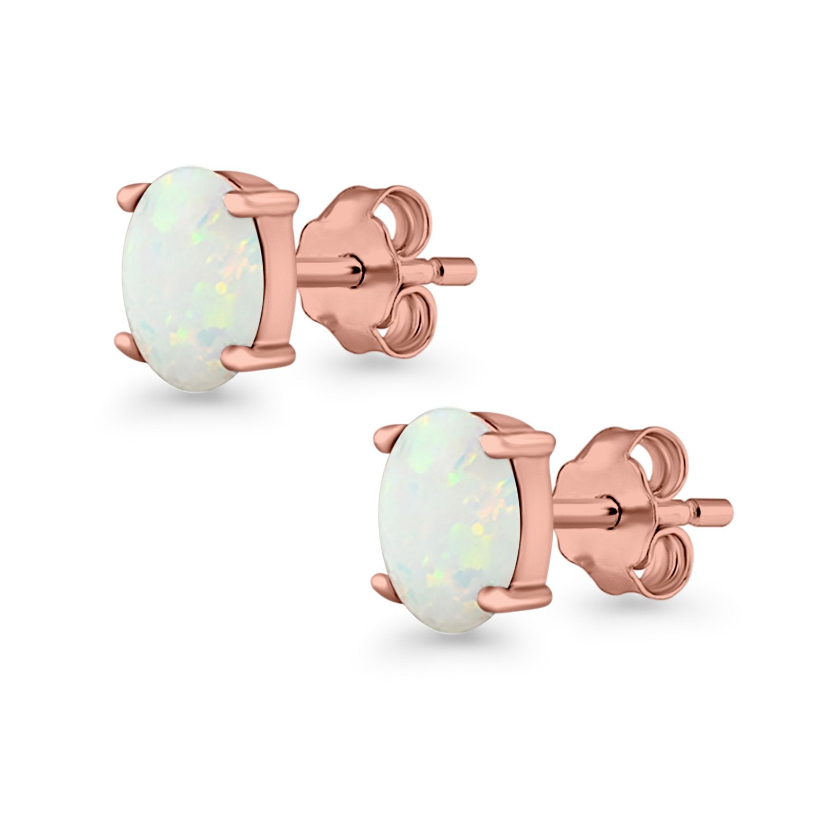 Created Opal Oval Stud Earrings Rhodium Plated 925 Sterling Silver (11mm)