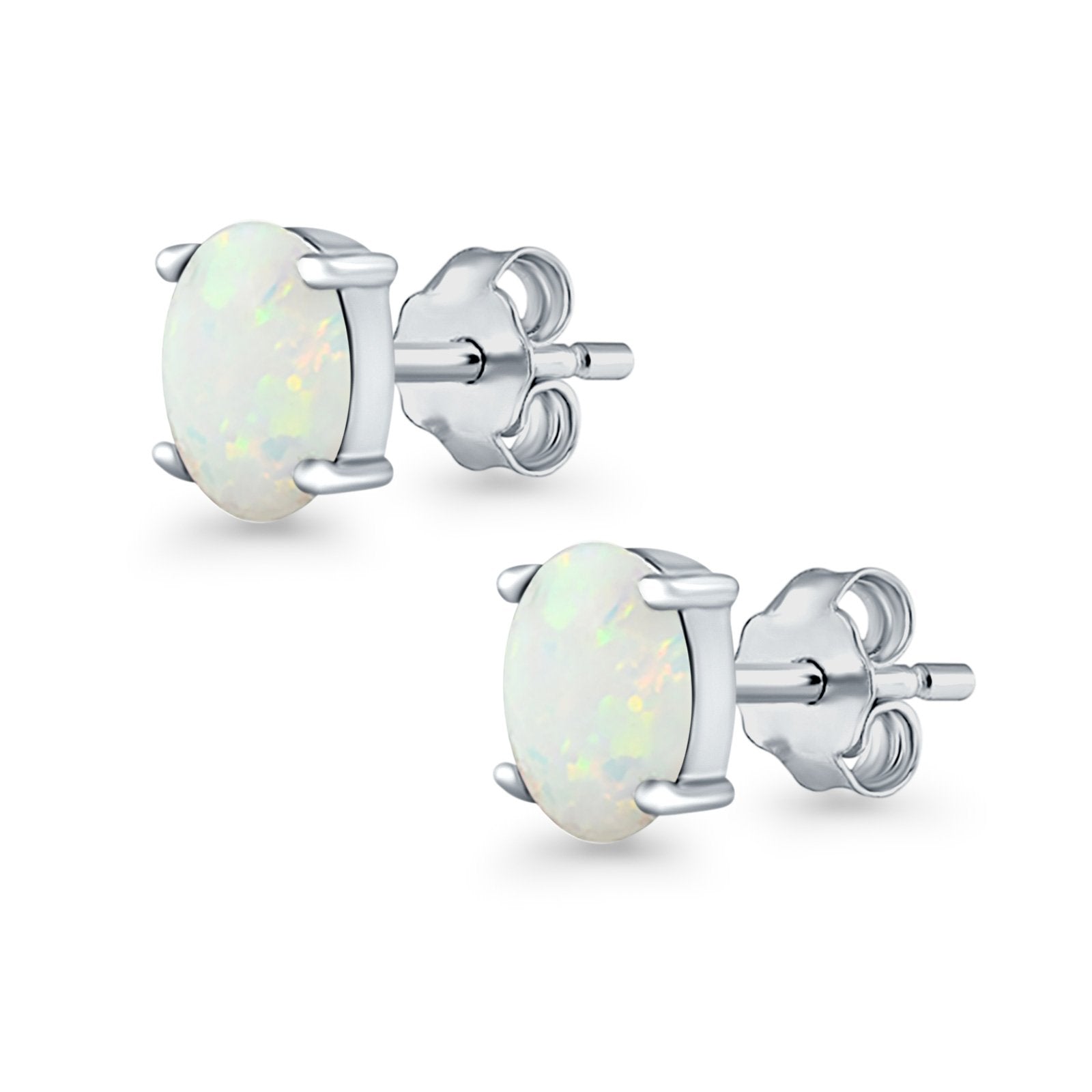 Created Opal Oval Stud Earrings Rhodium Plated 925 Sterling Silver (11mm)