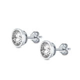 Bezel Stud Earrings Round Simulated Cubic Zirconia 925 Sterling Silver (4mm-9mm)