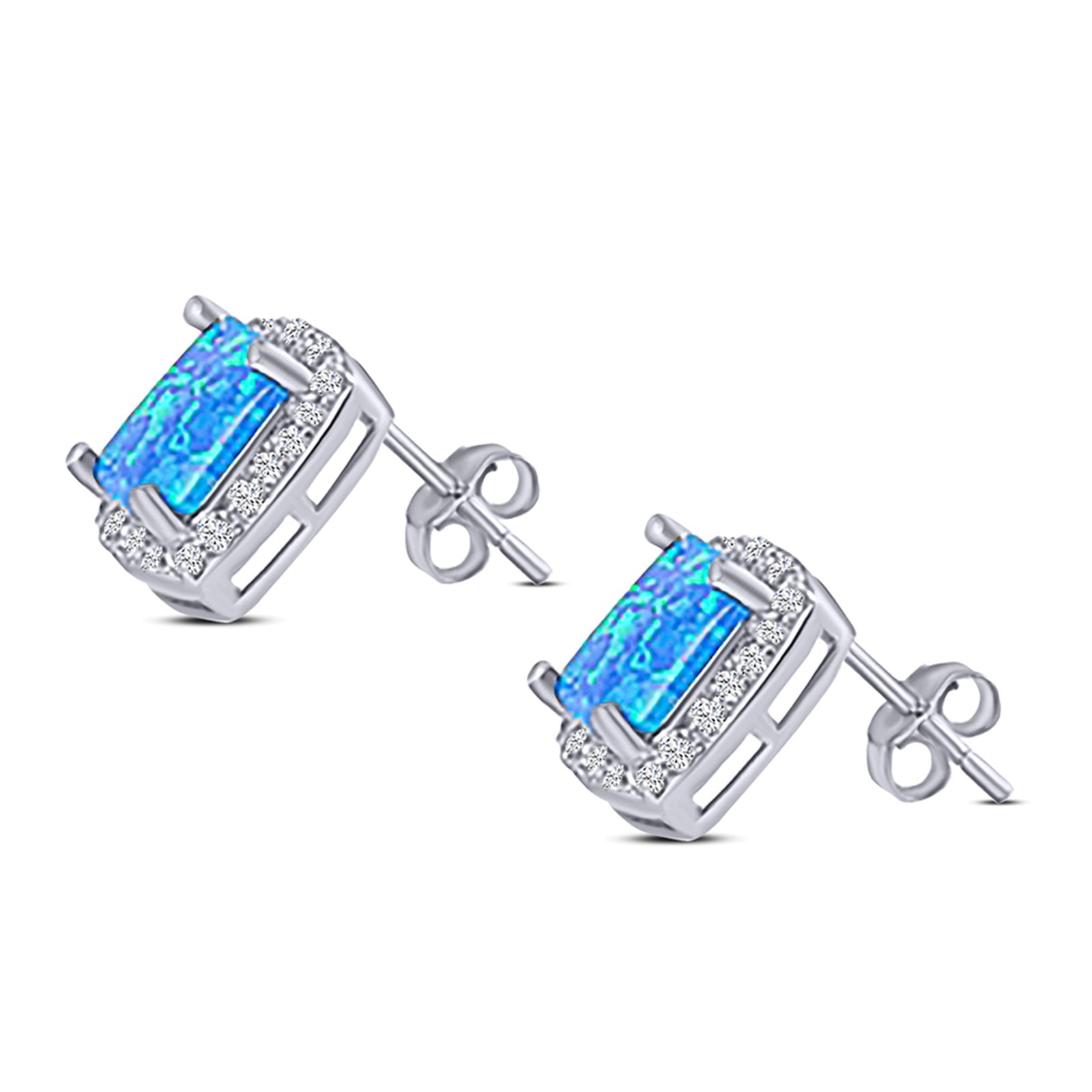 Halo Art Deco Cushion Cut Stud Earring Created Opal Solid 925 Sterling Silver (11mm)