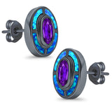 Oval Amethyst Stud Earrings Lab Created Opal Simulated CZ 925 Sterling Silver (13mm)