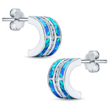 Fashion C Half Hoop Stud Earring Created Blue Opal Simulated CZ 925 Sterling Silver (12mm)