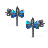 Dragonfly Stud Earring Created Blue Opal Simulated CZ 925 Sterling Silver (16mm)