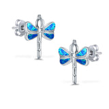 Dragonfly Stud Earring Created Blue Opal Simulated CZ 925 Sterling Silver (16mm)