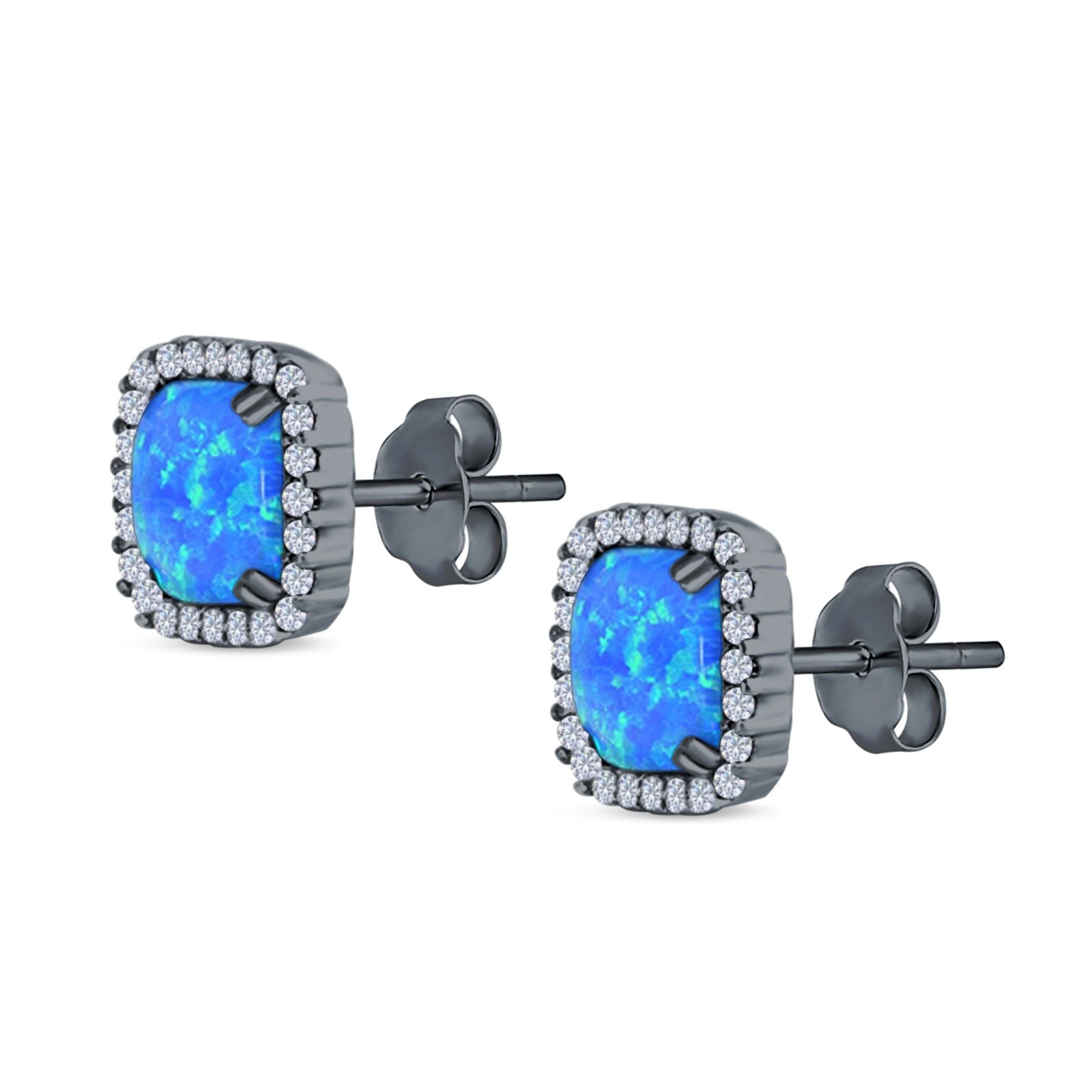 Halo Cushion Created Opal Round CZ Stud Earrings 925 Sterling Silver (11mm)