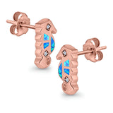 Seahorse Stud Earrings Lab Created Opal Simulated CZ 925 Sterling Silver (13mm)