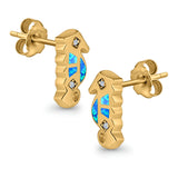 Seahorse Stud Earrings Lab Created Opal Simulated CZ 925 Sterling Silver (13mm)
