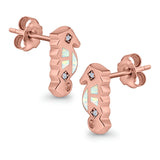Seahorse Stud Earrings Lab Created Opal Simulated CZ 925 Sterling Silver (13mm)
