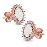 Halo Oval Stud Earrings Lab Created Opal Simulated CZ 925 Sterling Silver (13mm)