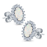 Halo Oval Stud Earrings Lab Created Opal Simulated CZ 925 Sterling Silver (13mm)