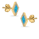 Halo Princess Stud Earrings Lab Created Opal Simulated CZ 925 Sterling Silver (14mm)