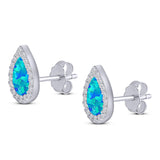 Halo Pear Stud Earring Simulated Cubic Zirconia Created Opal Solid 925 Sterling Silver (11mm)