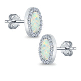 Halo Oval Stud Earrings Lab Created Opal Simulated CZ 925 Sterling Silver (11mm)