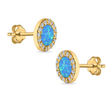 Halo Circle Stud Earrings Lab Created Opal Round Simulated CZ 925 Sterling Silver (14mm)