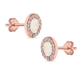 Halo Circle Stud Earrings Lab Created Opal Round Simulated CZ 925 Sterling Silver (14mm)