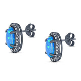 Halo Art Deco Oval Stud Earring Simulated Cubic Zirconia Created Opal Solid 925 Sterling Silver (15mm)