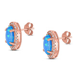 Halo Art Deco Oval Stud Earring Simulated Cubic Zirconia Created Opal Solid 925 Sterling Silver (15mm)