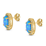 Halo Art Deco Oval Stud Earring Simulated Cubic Zirconia Created Opal Solid 925 Sterling Silver (15mm)